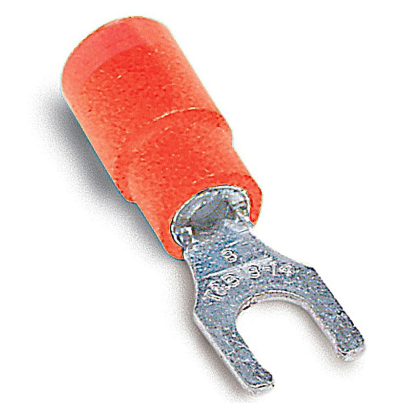 Sta-Kon 18RA-8FLX RA Series Expanded Insulated Fork Terminal, 22 to 16 AWG Conductor, 0.97 in L, Brazed Seam/Serrated Barrel, Copper, Red